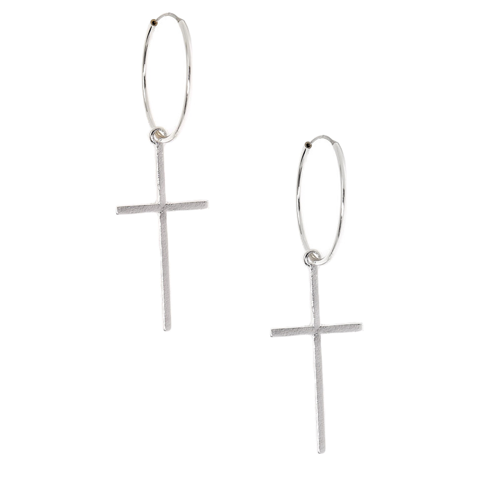 Sterling Silver Hoop and Cross Charm Earrings in Black Enamel